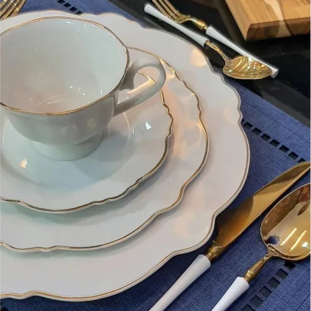 Aparelho de Jantar Maldivas Branco com Fio de Ouro - Serve 06 pessoas